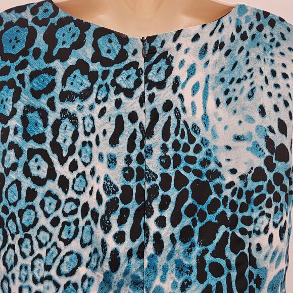 VTG Leslie Fey Womans size 12 Faux Wrap Animal Print Midi Sheath Dress Blue - Picture 5 of 8